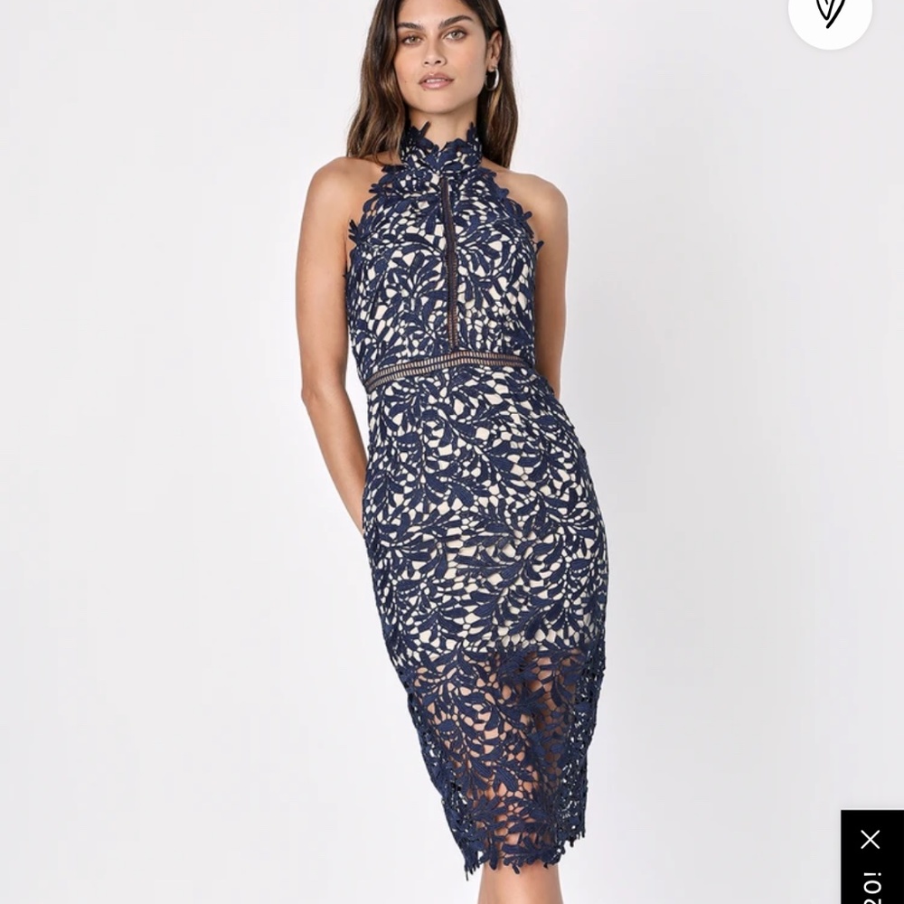 Lulu’s Divine Destiny Navy Blue Lace Midi Dress